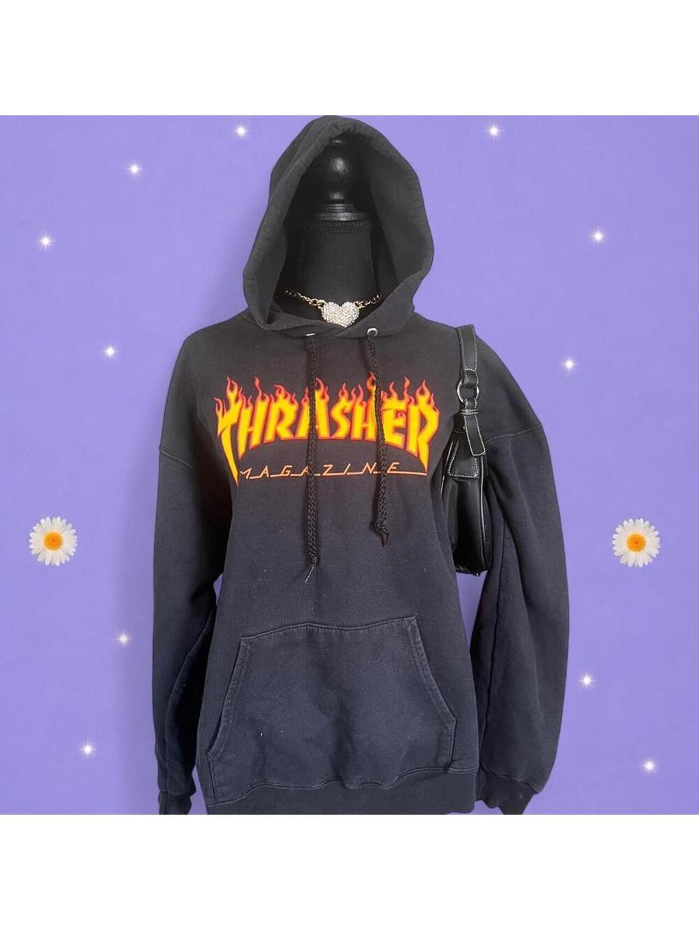 Vintage Y2K Thrasher Flame Logo Skater Grunge Streetwear Hoodie Size Large 🖤